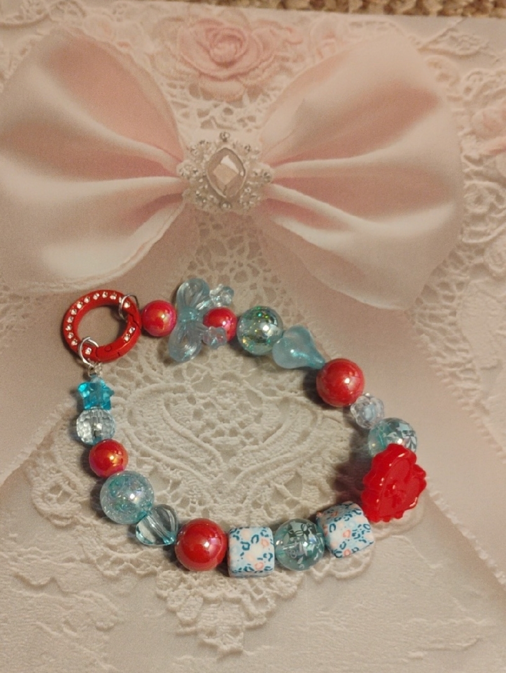 Handmade Red & Light Blue Beaded Bracelet